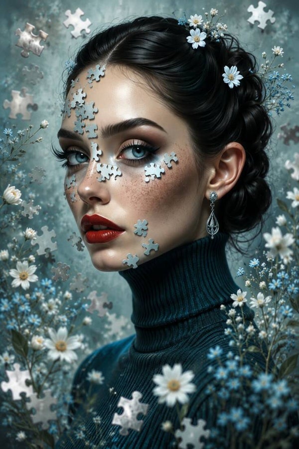 Puzzle Beauty – vrouw schilderij met puzzelstukjes en bloemen