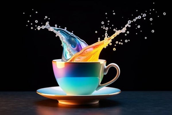 Rainbow Coffee Splash – modern schilderij met luxe uitstraling