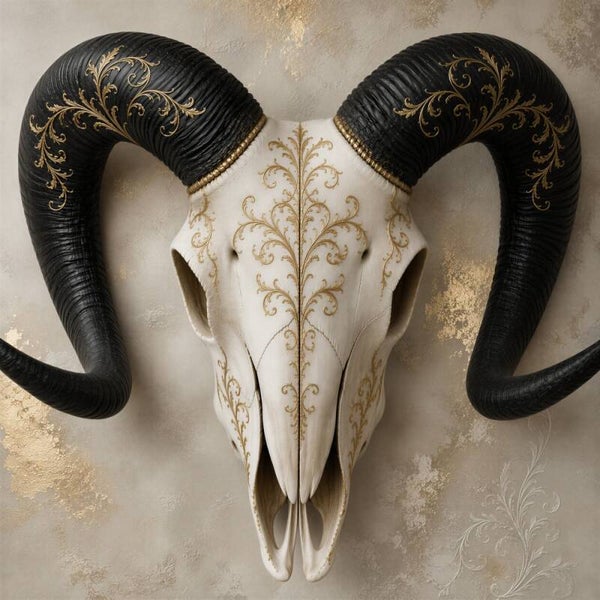 Landelijk luxe ramschedel schilderij zwart goud ornament – hotel chic wanddecoratie