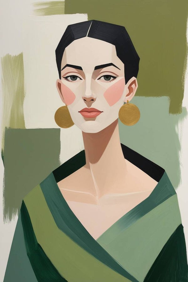 Raxa – portret schilderij vrouw in groentinten met gouden accenten