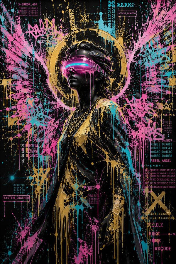 Rebel Angel – Cyber Engel Schilderij met Neon Vleugels en Vizier