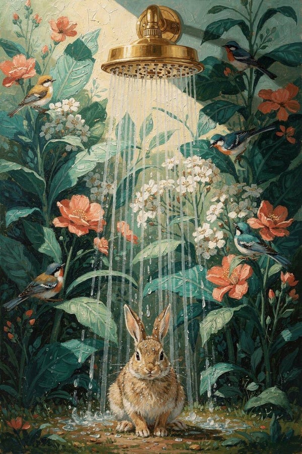 Regen van Bloemen – schilderij met haas onder gouden douche en vogels