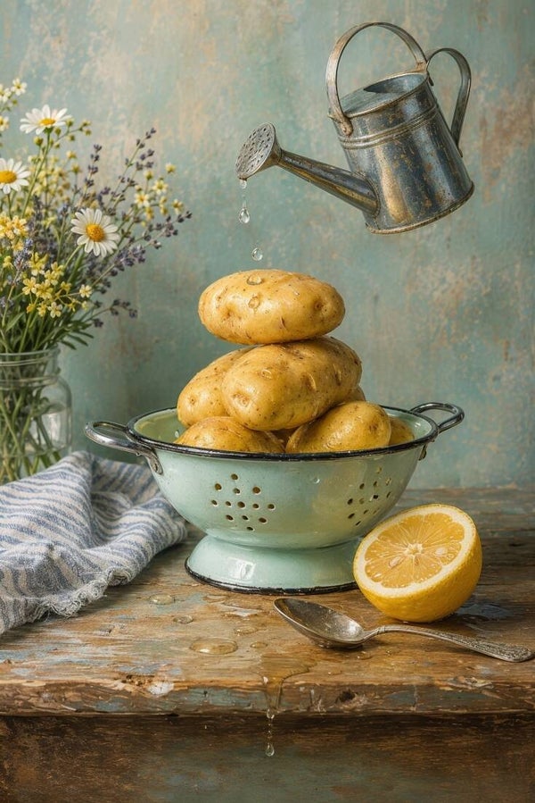 Regen voor de Aardappeloogst – schilderij met aardappelen, vergiet en gieter