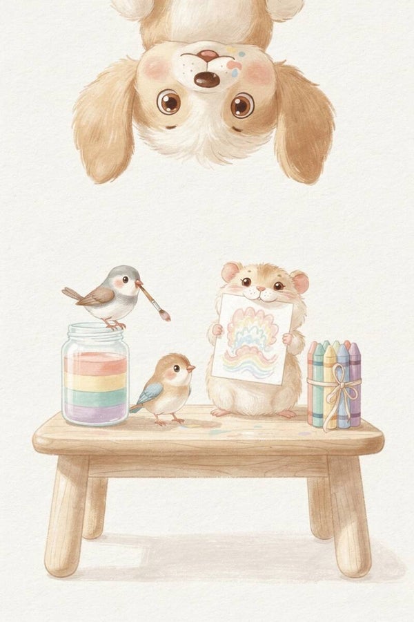 Regenboogmoment – creatief hamstertje en puppy schilderij kinderkamer