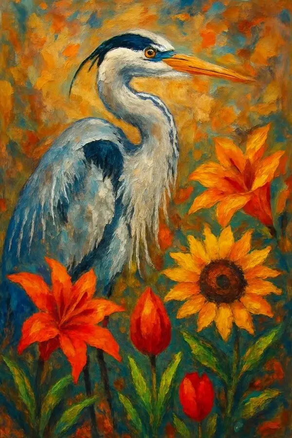 Reiger in bloemenveld – schilderij met vogel en kleurrijke bloemen/🖤 Black Friday