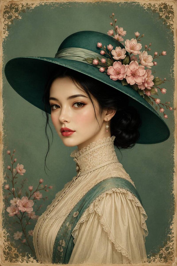 Vintage Blossom – romantisch schilderij vrouw met donkergroene hoed en kersenbloesem
