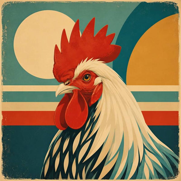 Retro Haan – vintage pop-art schilderij haan met geometrische vormen en zon
