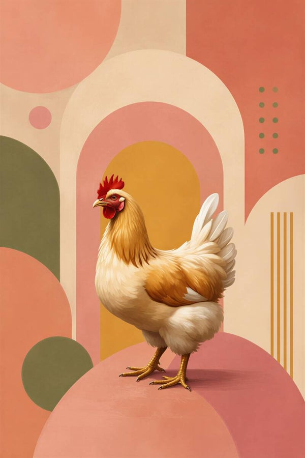 Retro Hen – Kleurrijk kip schilderij in retro stijl voor keuken en eetkamer
