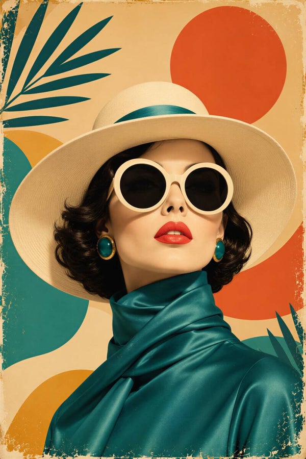 Chic Retro Dame met Zonnebril – Stijlvol Schilderij met Zon