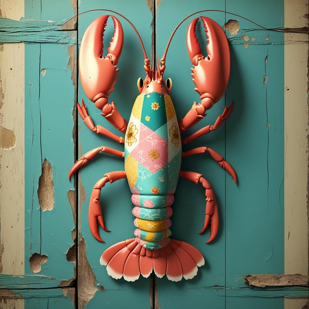 Patchwork Lobster – retro kreeft op verweerd hout in pasteltinten