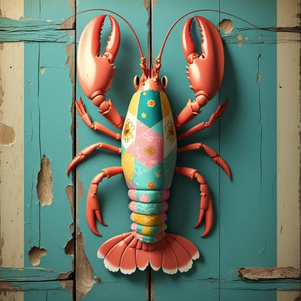 Patchwork Lobster – retro kreeft op verweerd hout in pasteltinten