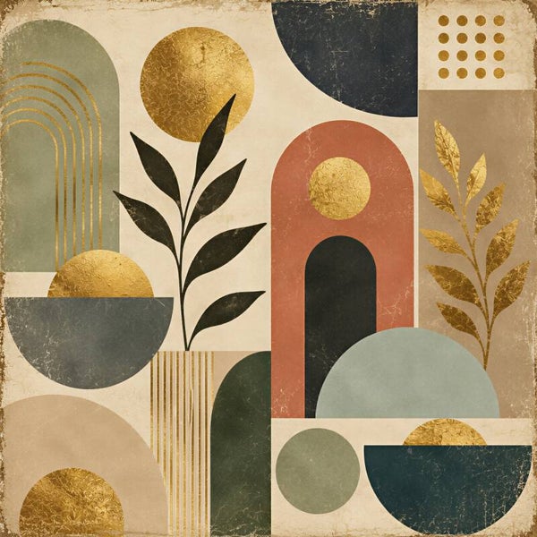 Retro Abstracte Vormen met Goud – stijlvol schilderij met geometrie en warme tinten
