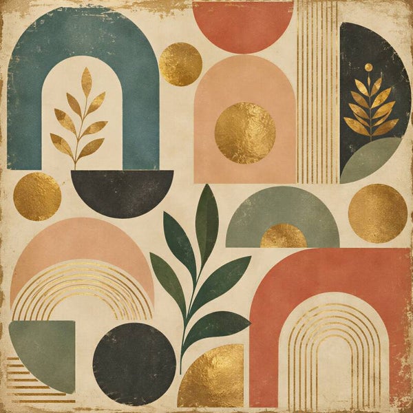Retro Goud Groen Vormen – vintage schilderij abstracte vormen bladeren