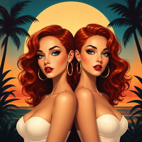 Twin Sunset Glamour – retro vrouwen schilderij met zonsondergang en palmbomen