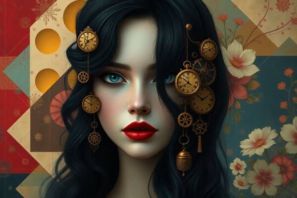 Mystic Hour – retro vrouw schilderij met klokken