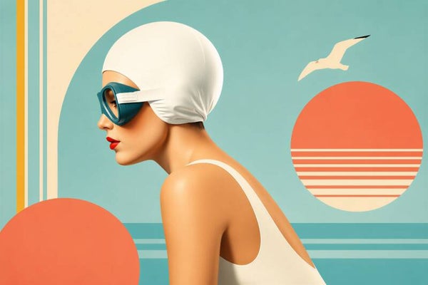 Retro Zwemster met Badmuts – strand schilderij zon en zee