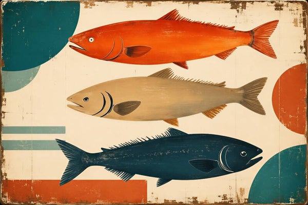 Trio van Vissen – retro vissen schilderij op verweerde metalen plaat in warme kleuren