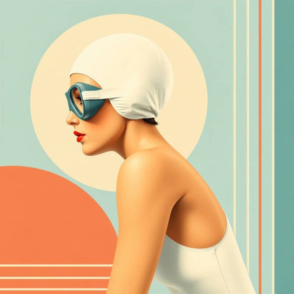 Retro Zwemster – vintage vrouw schilderij jaren 60 stijl met pastel kleuren
