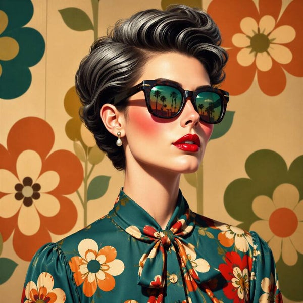 Floral Retro Vision – retro vrouw schilderij met bloemen en jaren 70 stijl