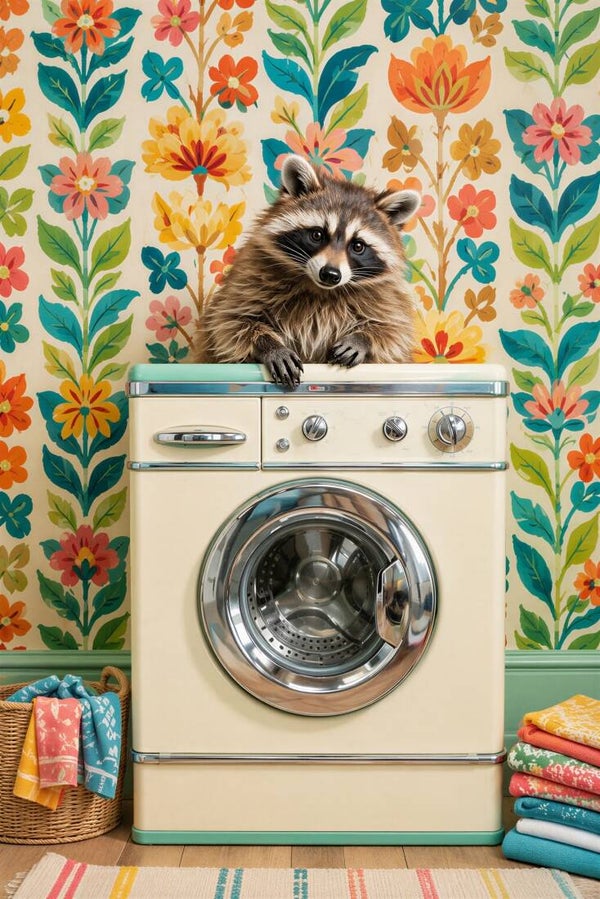 Retro Wasbaas – schilderij met wasbeer op vintage wasmachine en kleurrijk retro behang