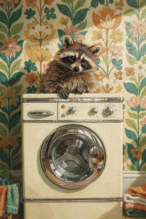Retro Wasbaas – schilderij met wasbeer op vintage wasmachine
