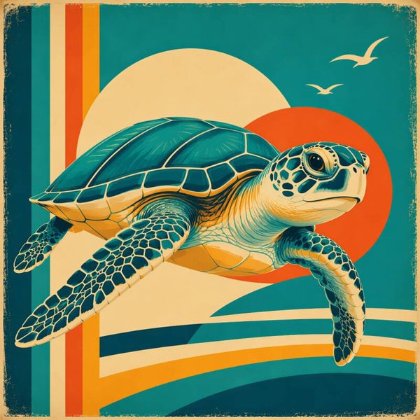 Retro Turtle – vintage pop-art schilderij zeeschildpad met golven en zon