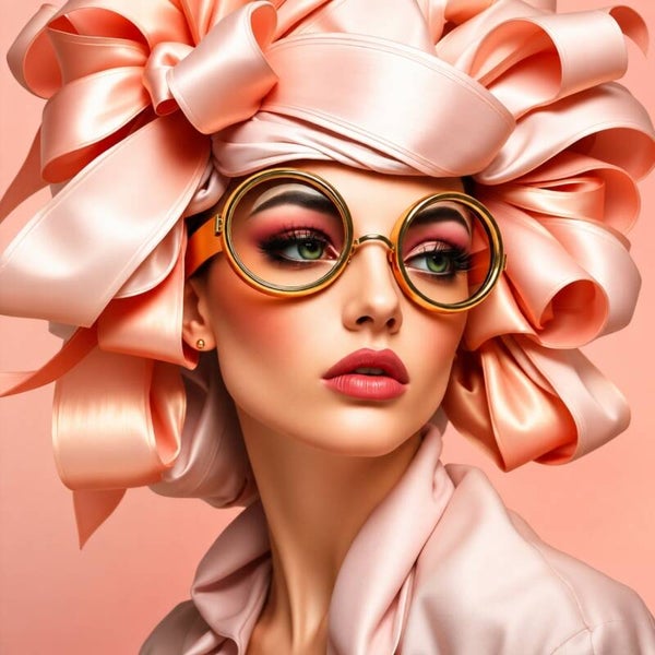 Ribbon Society – Vrouw schilderij met roze strikken en ronde bril