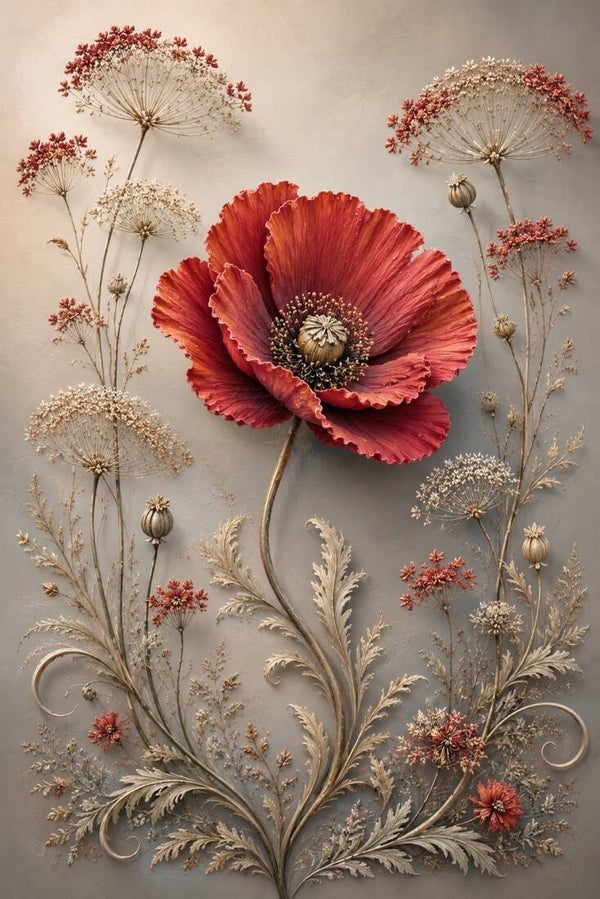 Robijnbloem in de Tuin – landelijk schilderij met rode bloem