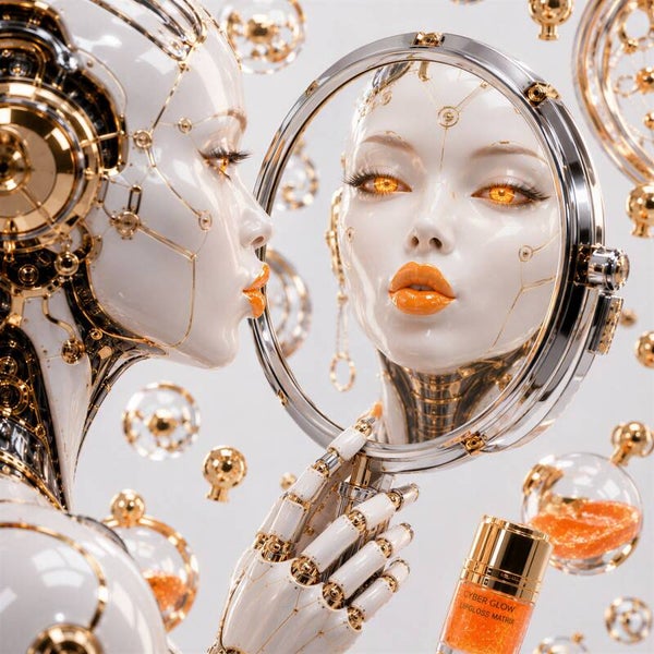 Cyber Glow – robot vrouw met spiegel schilderij
