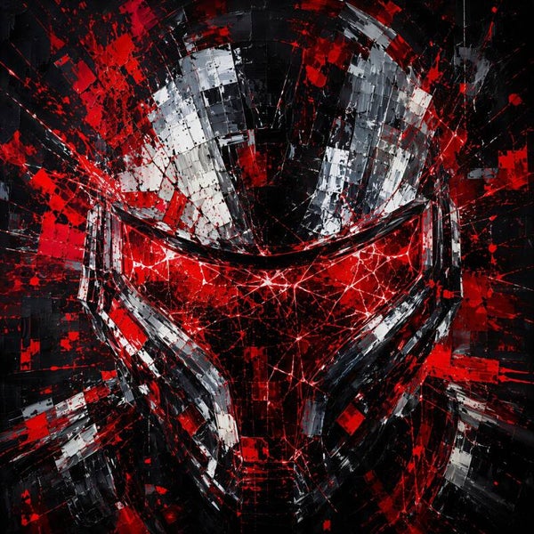 Red Cyber Sentinel – Futuristische Helm Schilderij Rood Zwart en Zilver