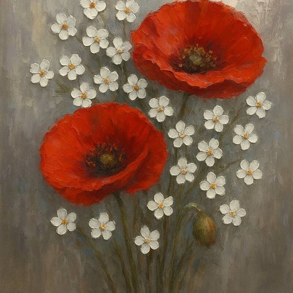 Rode Klaproosrust – schilderij klaprozen en witte veldbloemen, landelijk bloemstuk