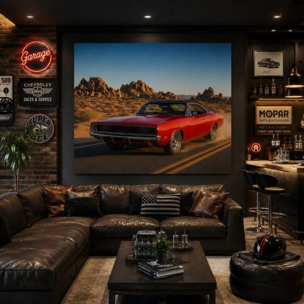 Rode muscle car schilderij – klassieke Amerikaanse auto wanddecoratie