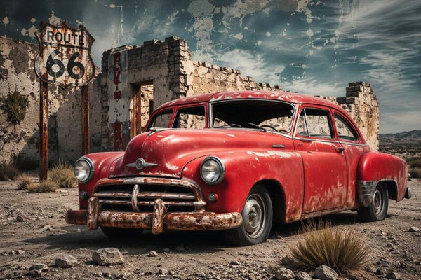 Rode Route Legende – Route 66 schilderij met rode oldtimer en verlaten benzinestation