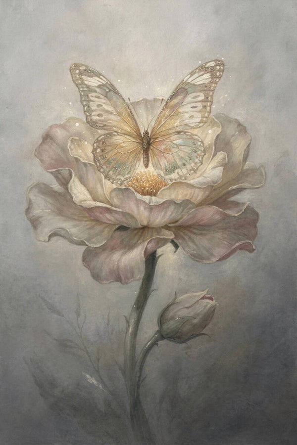 Fluistervlinder – romantisch bloem schilderij met vlinder