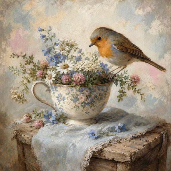 Bloemenkopje van het Roodborstje – landelijk schilderij met vogel en veldbloemen
