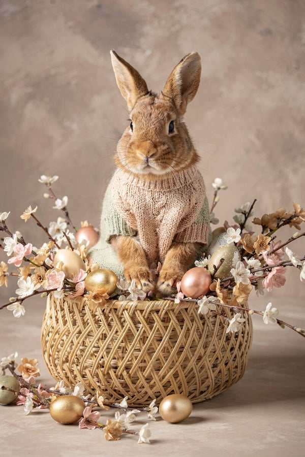 Zacht Nest – romantisch schilderij konijn in mand met bloemen