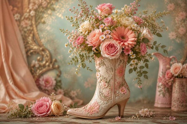 Bloemen op Hoge Hak – Romantisch schilderij met laars vol bloemen