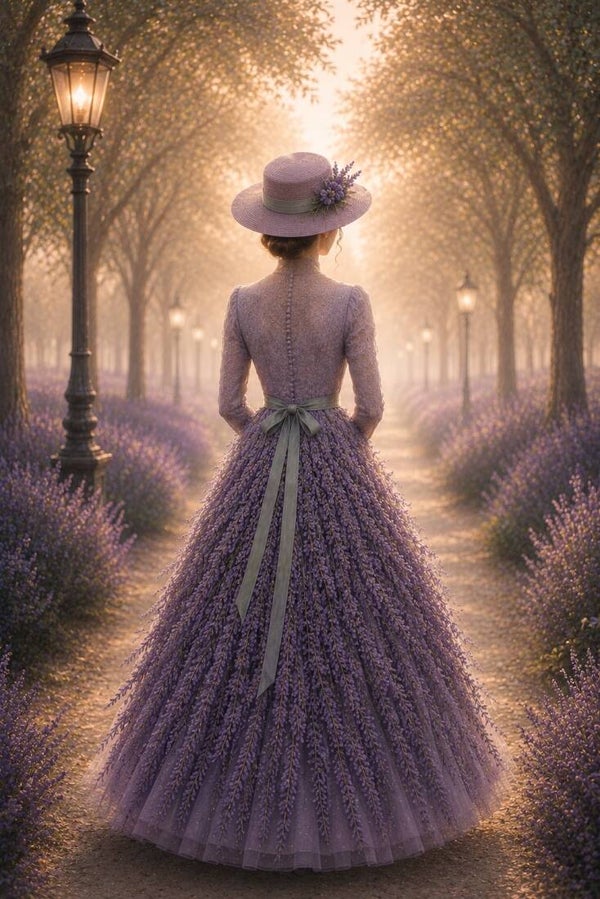 Lavender Promenade – romantisch vrouw schilderij met lavendeljurk en bloementuin
