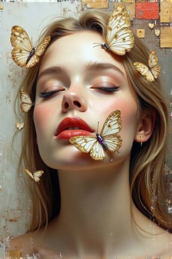 Vlinderkus – Dromerig Vrouwenportret met Vlinders als Wanddecoratie