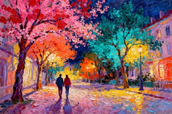Avondlicht in kleur – schilderij van stad met stel en bomen in expressieve stijl
