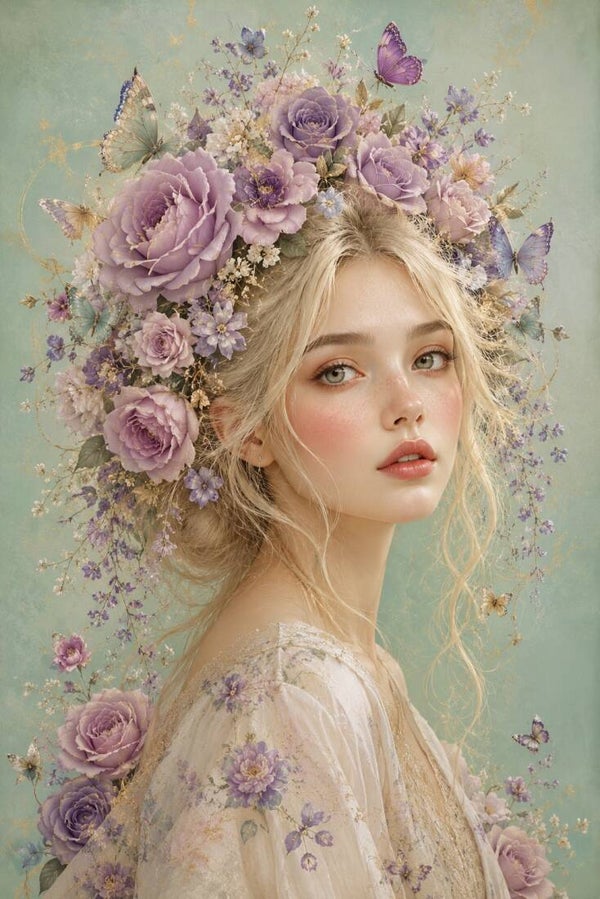 Lila Droomkrans – romantisch vrouw schilderij met paarse bloemen