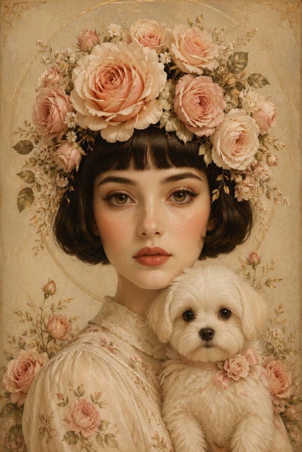 Rozenbelofte – romantisch vrouw schilderij met hond en rozen