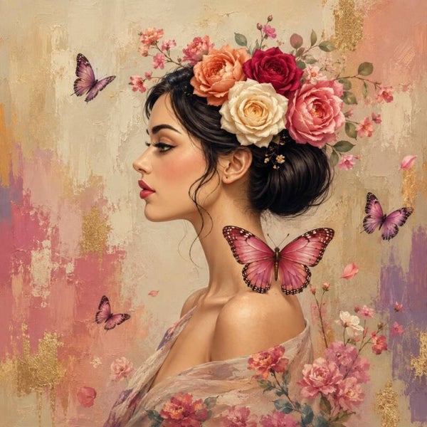 Vlinderfluistering – vrouw schilderij met bloemen en vlinders