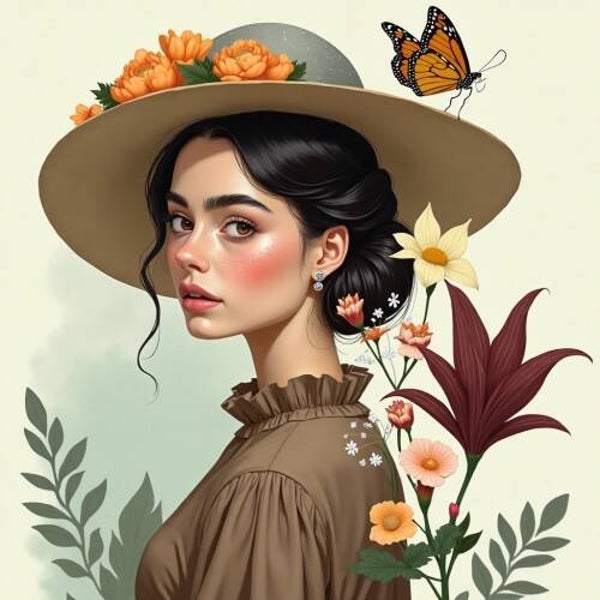 Bloemenpoëzie in Portret – Klassieke Wanddecoratie met Vlinder en Vintage Flair