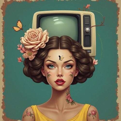 Flora TV Girl – Betoverende Retro Kunst met Bloemen & Vlinders