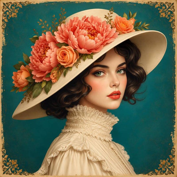 Vintage Peony Muse – romantisch schilderij vrouw met strohoed en pioenrozen
