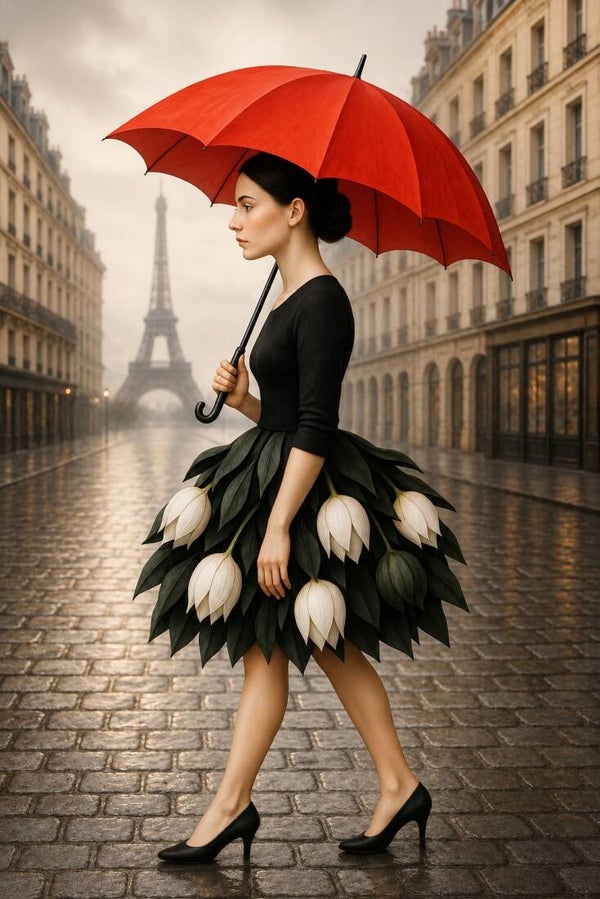 Rood in de Regen – Parijs schilderij vrouw met rode paraplu