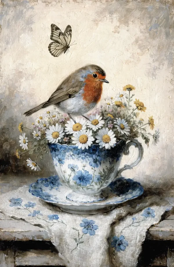 Roodborstje in Delfts Blauw – landelijk schilderij met vogel en bloemen