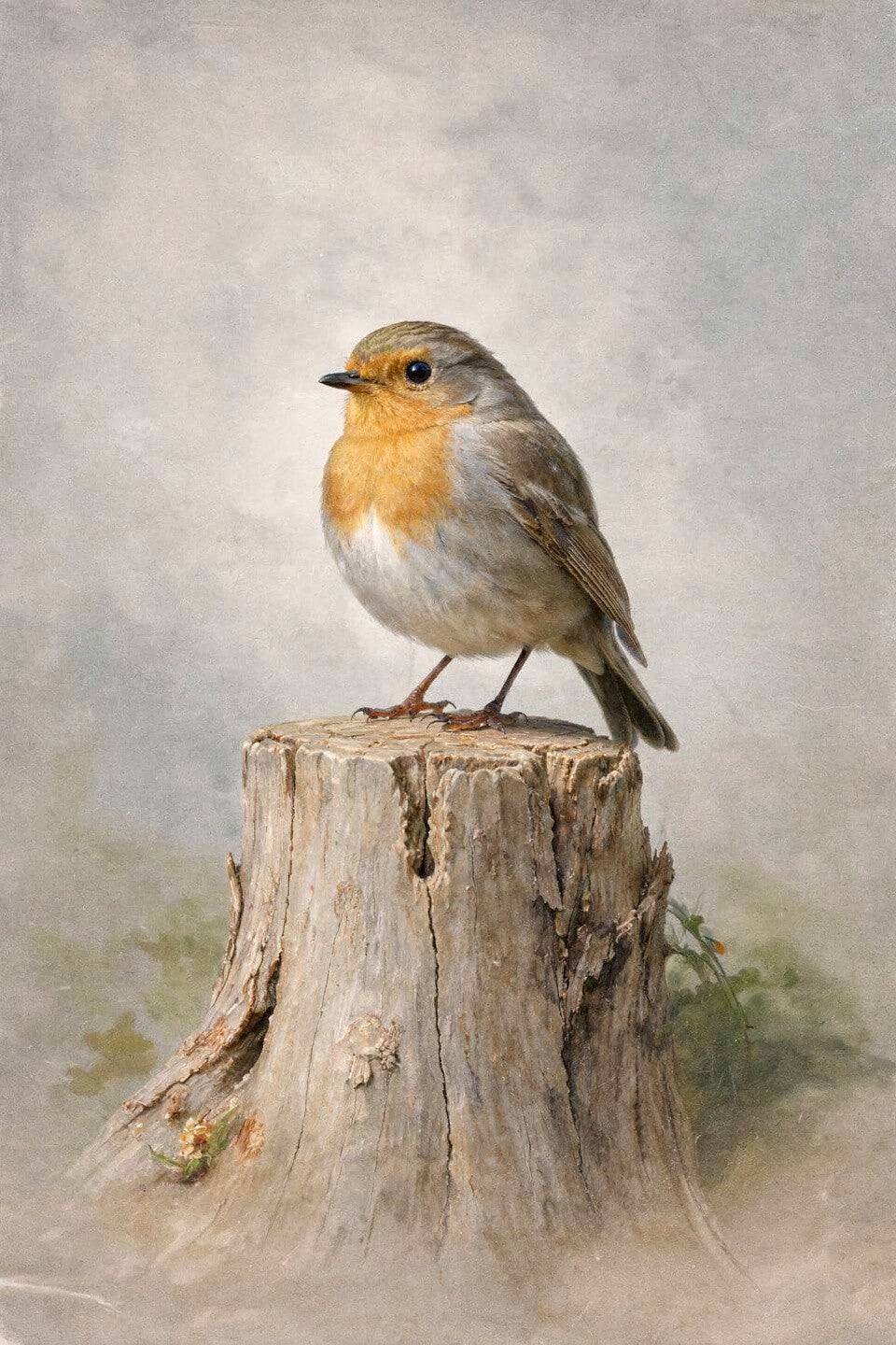 Roodborstje in rust – schilderij met vogel op boomstronk in landelijke stijl