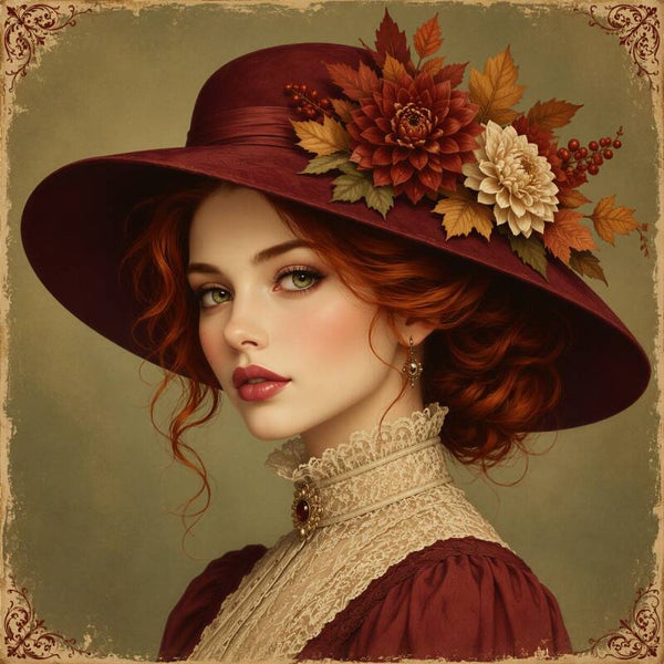 Vintage Autumn Muse – romantisch schilderij roodharige vrouw met bordeauxrode hoed en herfstbladeren